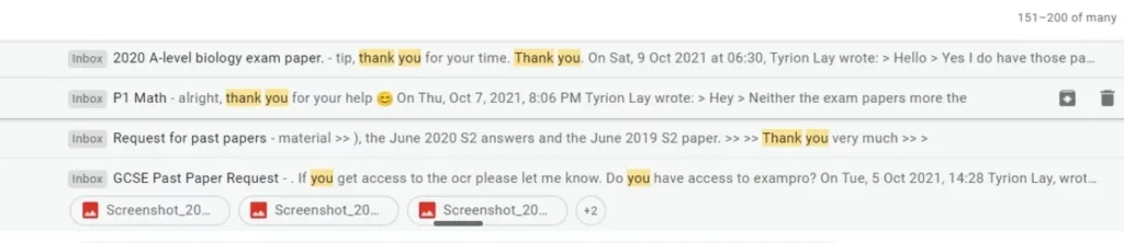 Screenshots of satisfied customers sharing their success stories and positive experiences with Tyrion Papers' resources, as received via email.