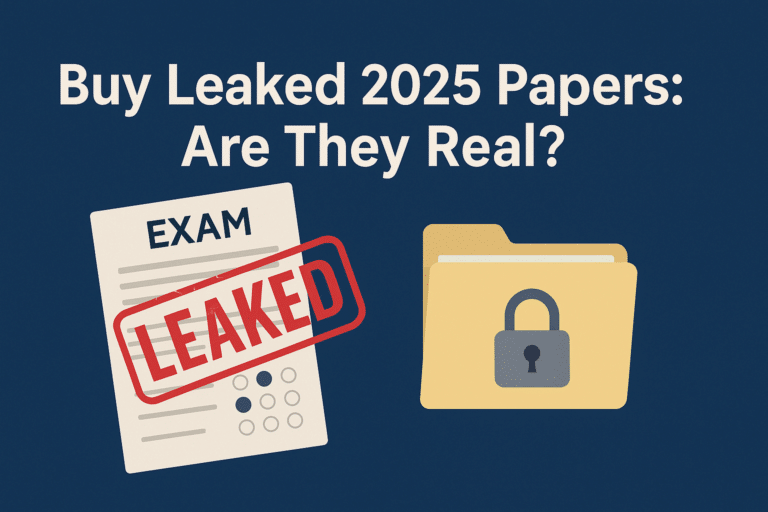 Questioning headline about leaked 2025 papers an exam paper stamped leaked beside a locked folder icon on a blue background