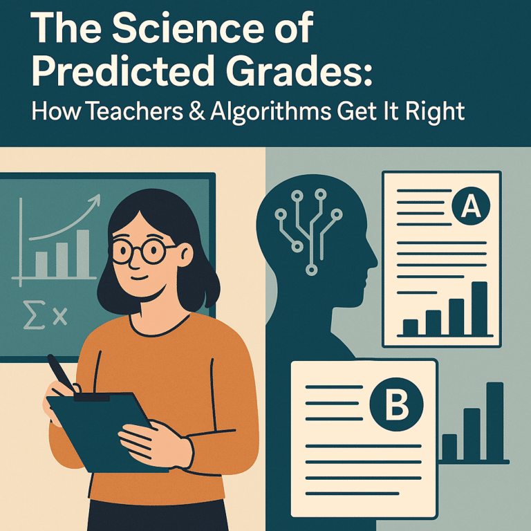 Illustration of a teacher with a clipboard beside charts a brain technology silhouette and ab report icons representing predicted grades science