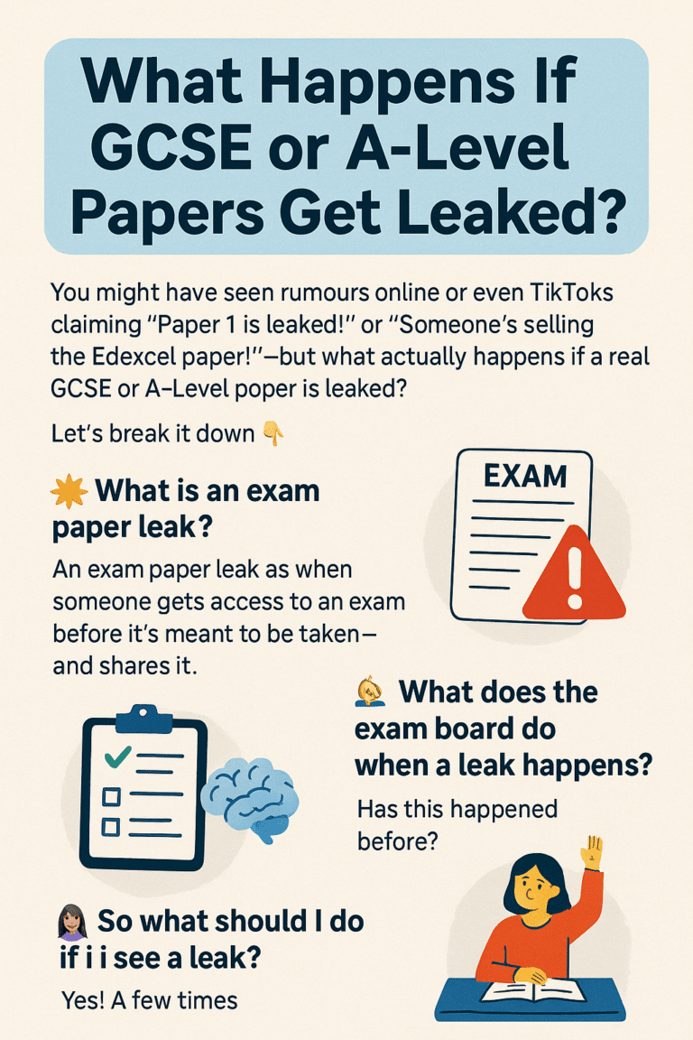 Infographic explaining what happens if gcse or a level papers get leaked with icons for an exam sheet and a student studying