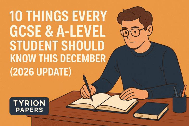 Illustration of a student writing in a notebook at a desk on an orange background with the bold article title about gcse  a level tips and the tyrion papers logo in the bottom left corner
