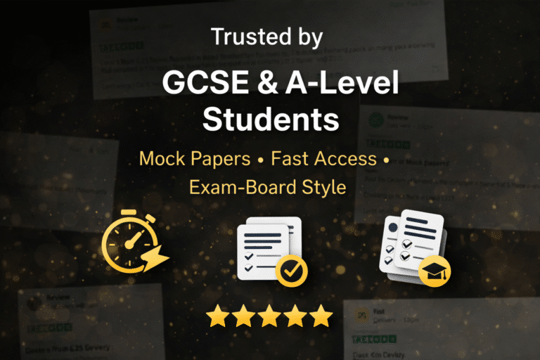 Banner stating trusted by gcse  a level students with icons and five stars advertising mock papers and fast access