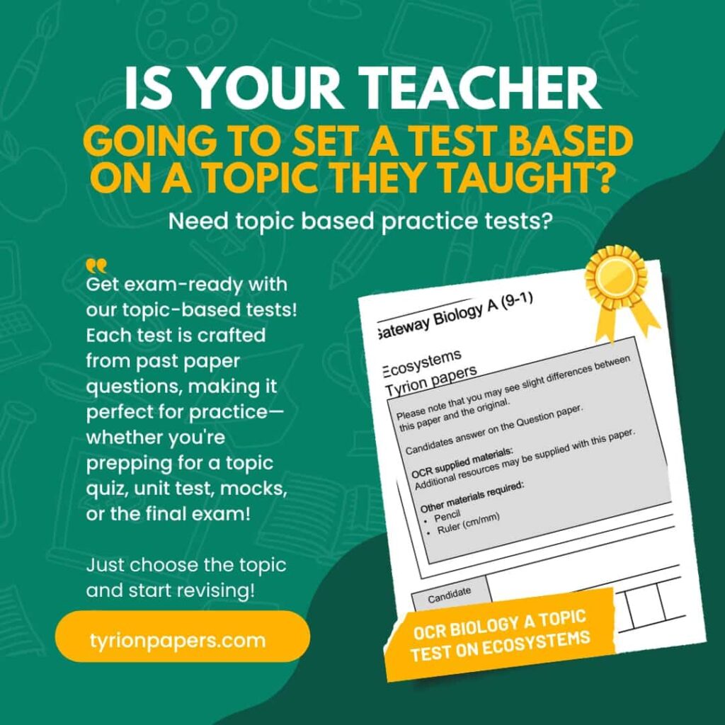 Green poster advertising topic-based biology practice tests from tyrionpapers.com, with a sample test form and a yellow badge on teal background.
