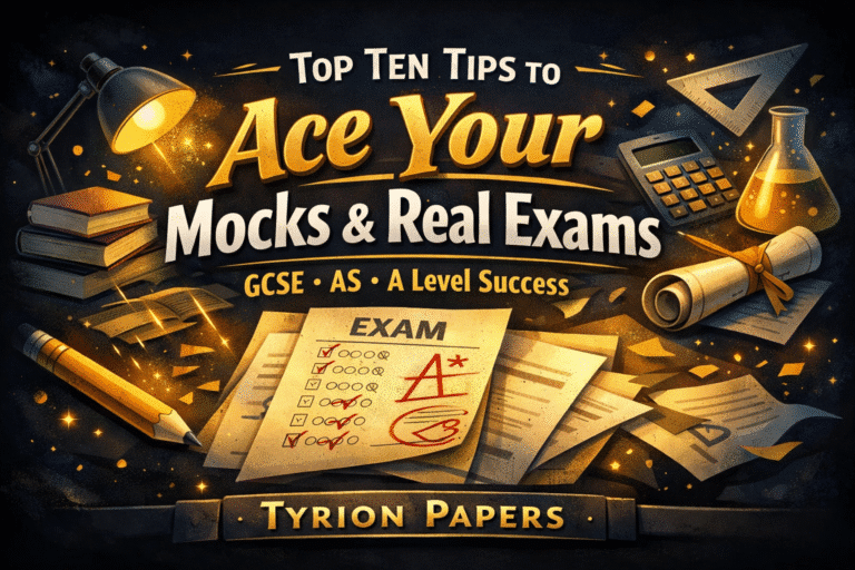 Bright study themed banner showing top ten tips to ace your mocks  real exams with books pencil calculator