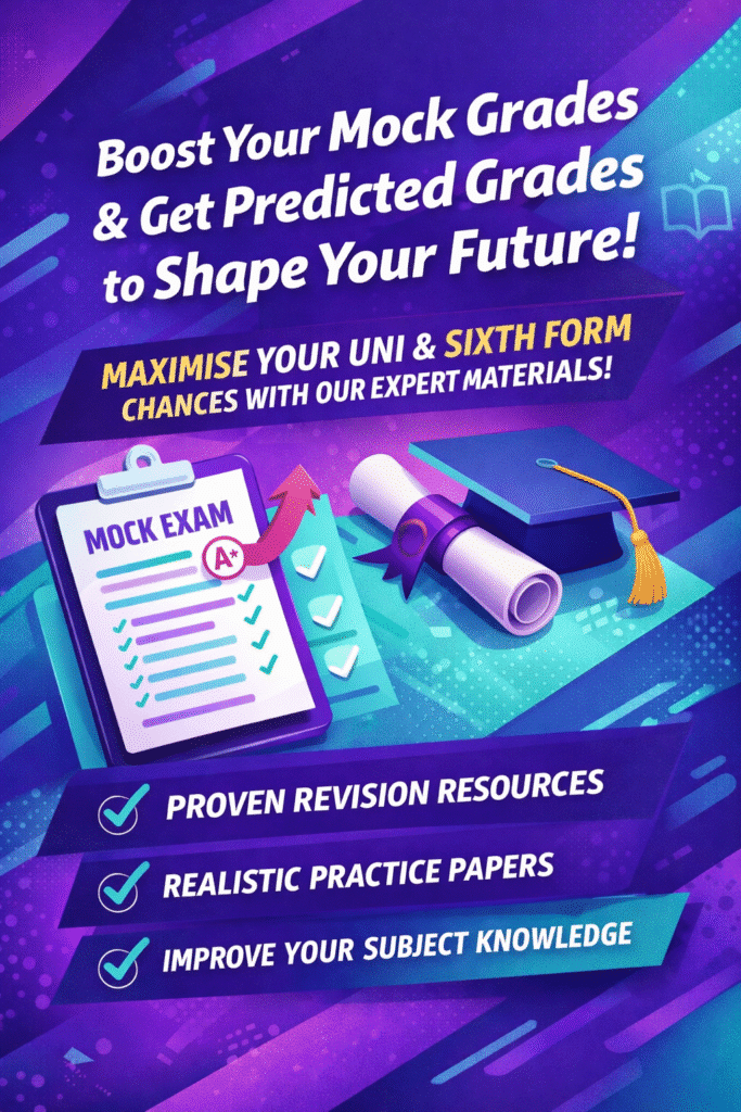 Bright poster promoting exam prep to boost mock and predicted grades, featuring a clipboard, diploma scroll, and graduation cap on a purple background.