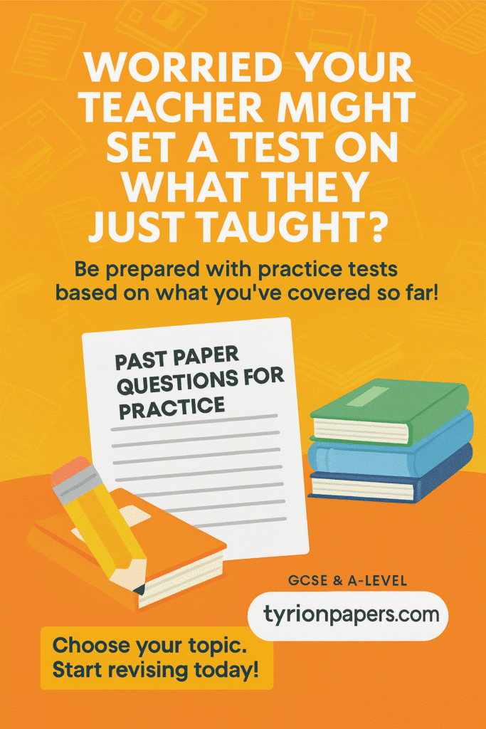 Bright orange study-ad poster showing a practice sheet titled 'Past Paper Questions for Practice' with a pencil and a stack of books; promotes tyrionpapers.com on the orange background.