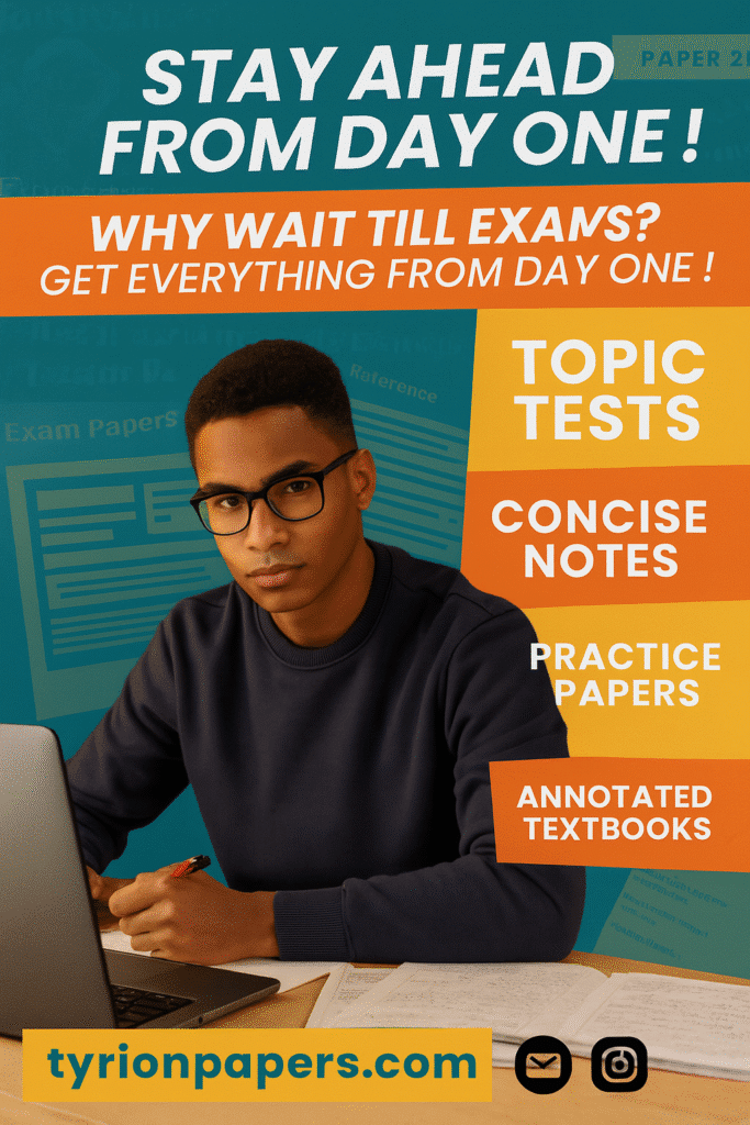 Student with glasses sits at a laptop taking notes, in front of a colorful poster advertising exam resources and tyrianpapers.com