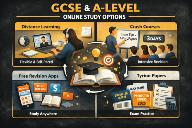 Infographic titled gcse  a level online study options showing four study paths distance learning crash courses free revision apps and exam practice around a central open book and lightbulb
