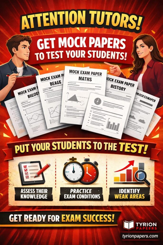 Promotional poster advertising mock exam papers to test students, with two cartoon tutors and sample worksheets.
