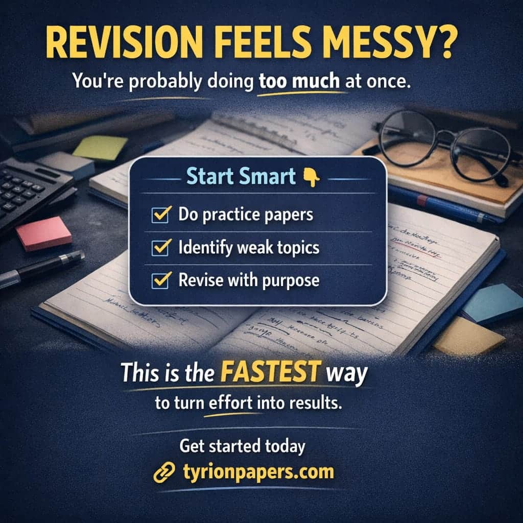 Poster: 'REVISION FEELS MESSY? Start Smart' with a blue checklist: practice papers, weak topics, revise with purpose (study-ad style).