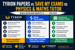 Comparison of Tyrion Papers, Save My Exams and Physics & Maths Tutor for GCSE and A Level revision.