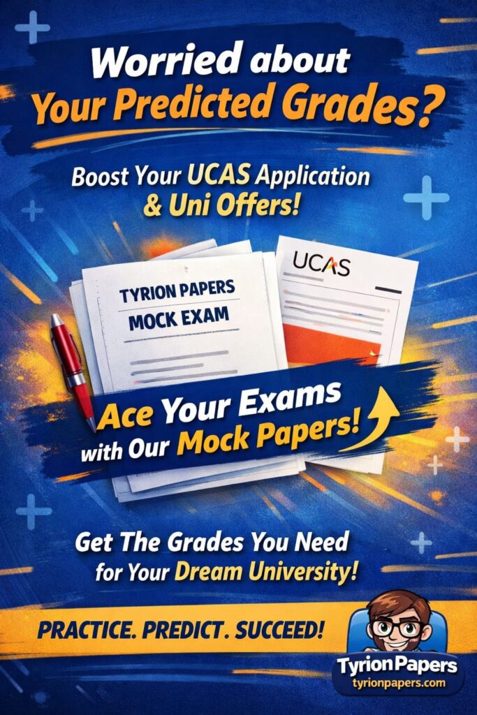 Promotional poster offering mock exam papers to boost UCAS applications and university offers.