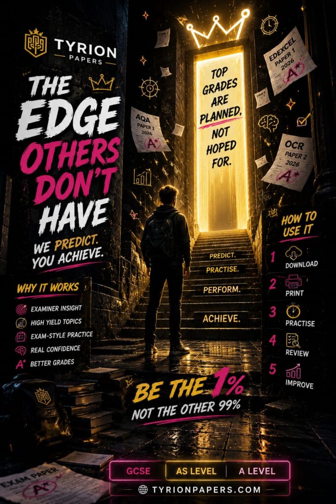 Poster for Tyrion Papers: a student faces a glowing doorway with the slogan “Top grades are planned, not hoped for.” in bold neon.