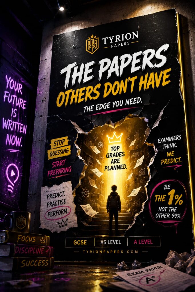 Poster for Tyrion Papers: a spotlighted doorway with a person approaching a glowing path surrounded by flying papers and bold slogans like 'Top Grades Are Planned' and 'Be the 1%'.