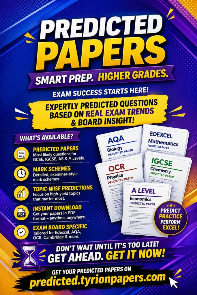 Bright poster advertising 'Predicted Papers' for smart exam prep and higher grades; features include predicted papers, instant PDF downloads, and subject bundles like AQA and IGCE.
