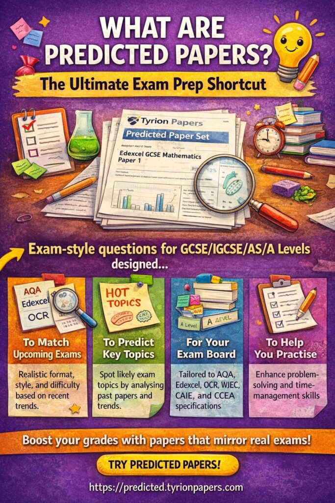 Bright poster offering predicted papers for GCSE/IGCSE/AS/A Levels with study icons and a 'Try Predicted Papers' button, on purple background.