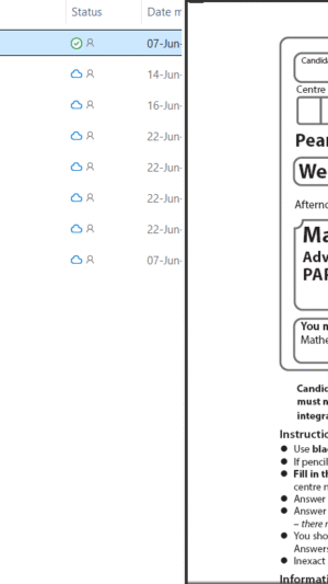 Screen showing a left column of downloadable mathematics PDF files with icons, and a right panel displaying a Pearson Edexcel Level 3 GCE Mathematics Advanced Paper 1 front page image.