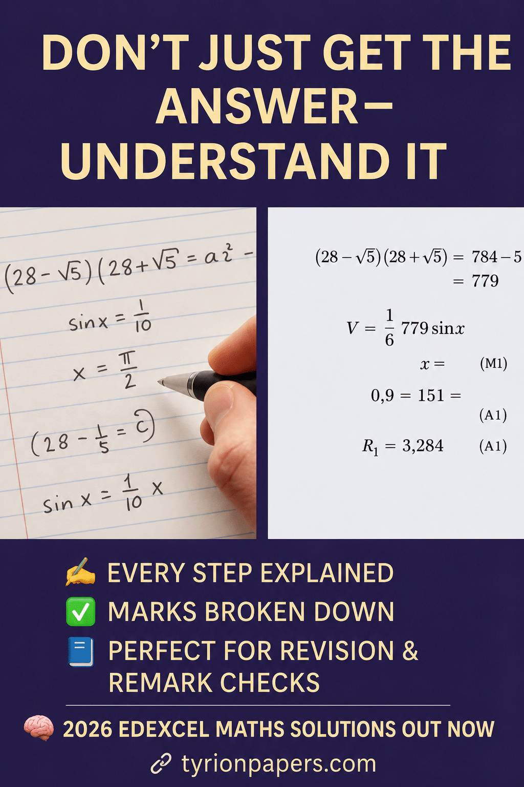 Poster style image dont just get the answerunderstand it left shows a hand writing math on lined notebook paper right shows printed equations bottom lists include every step explained and marks broken down