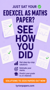 Purple poster advertising edexcel maths paper solutions with floating graphs and checkmarks on papers