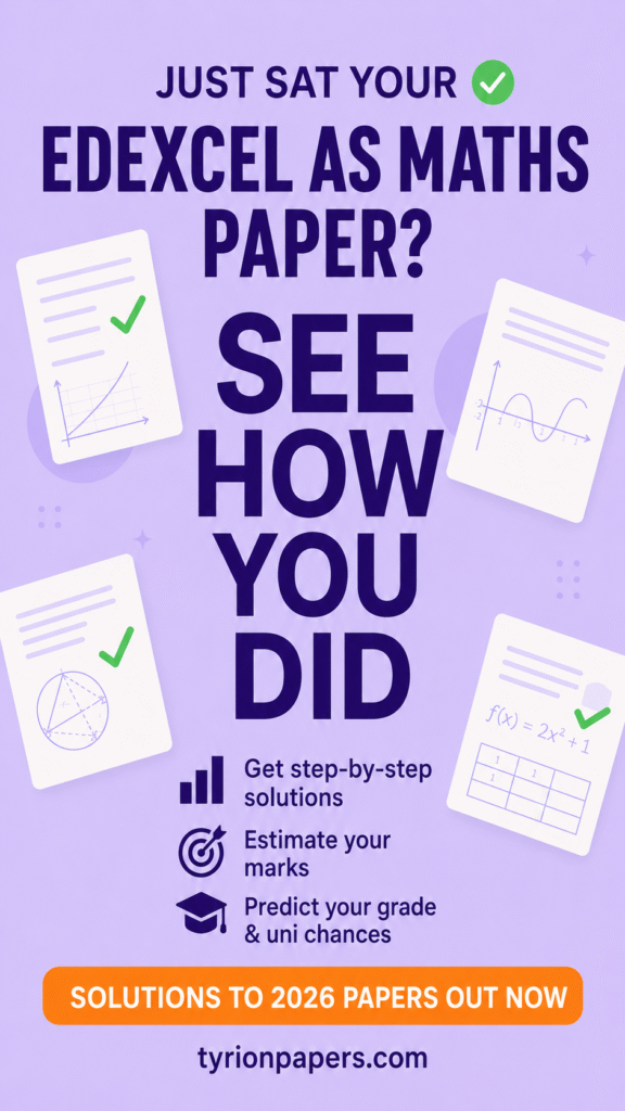 Purple poster advertising Edexcel Maths paper solutions with floating graphs and checkmarks on papers