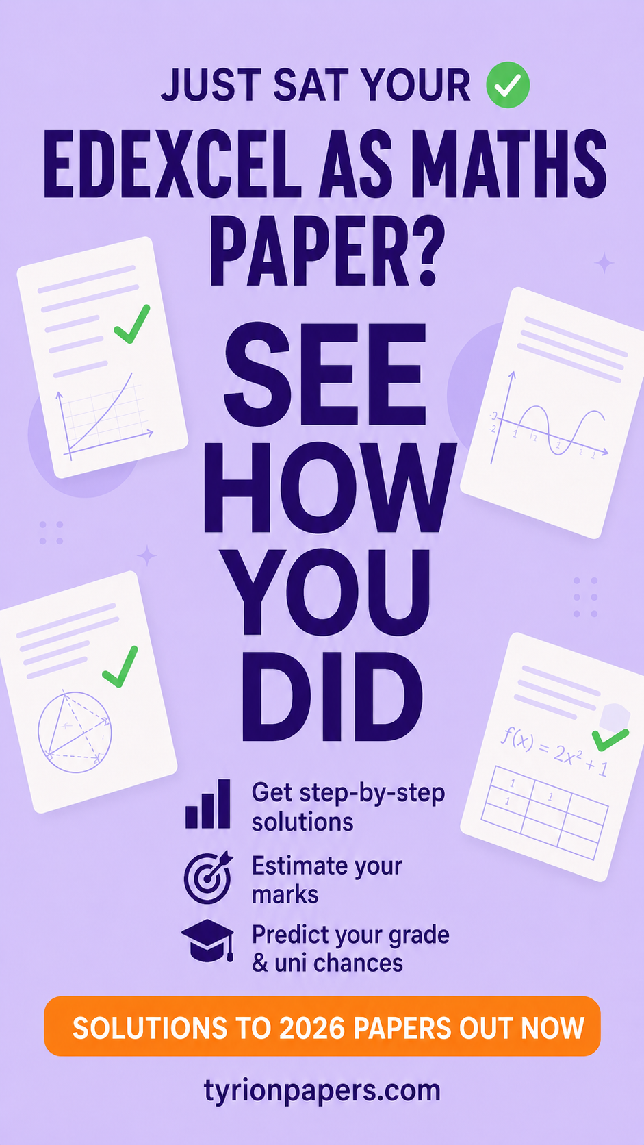Purple poster advertising edexcel maths paper solutions with floating graphs and checkmarks on papers