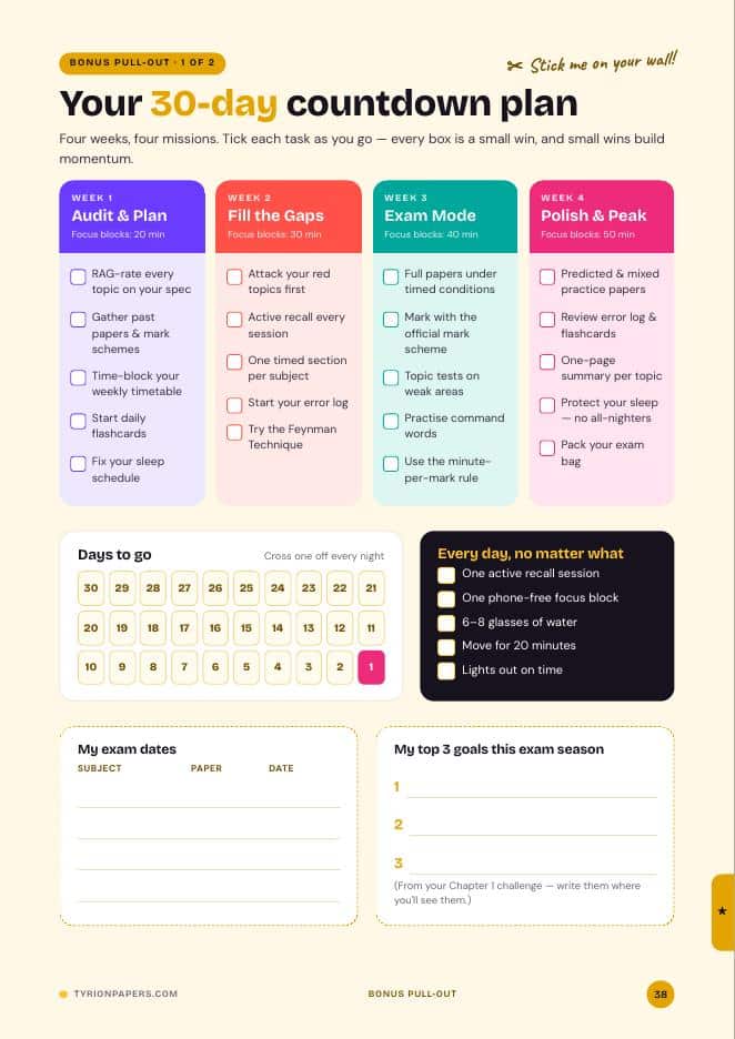 Printable 30-day exam countdown planner with weekly revision tasks, exam dates and goal spaces