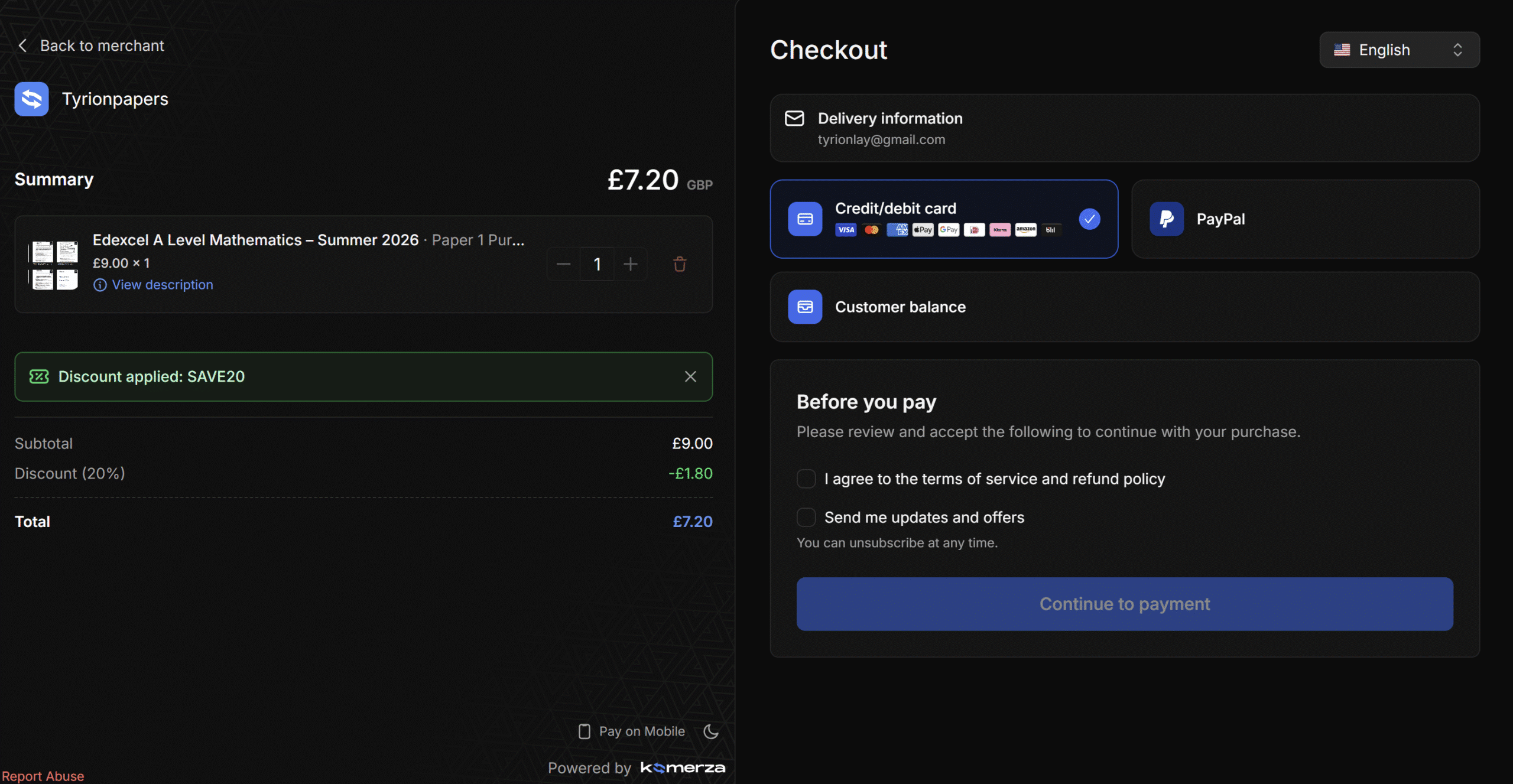 Komerza checkout showing the order summary, applied discount, payment choices and terms confirmation