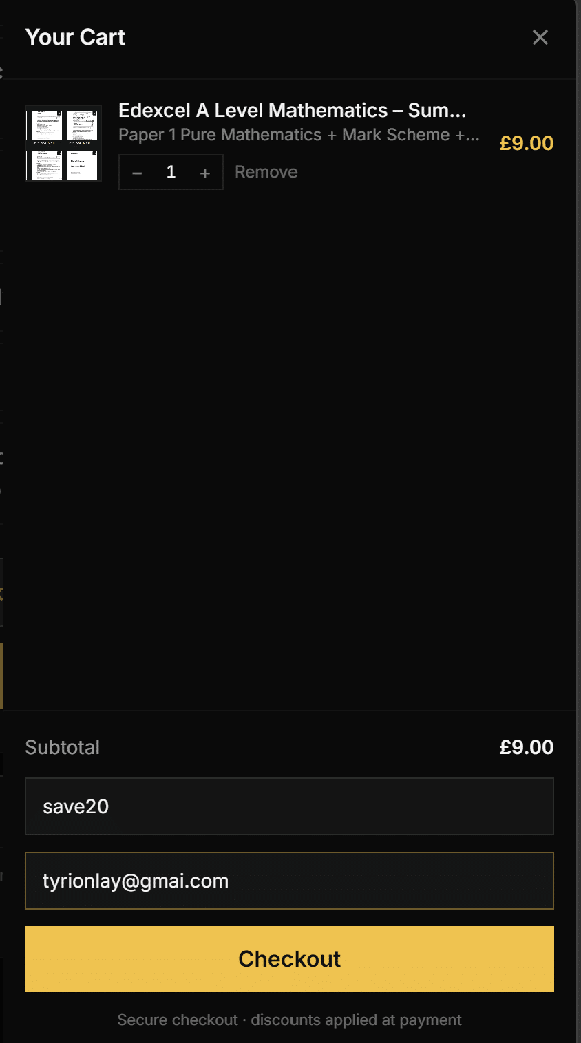 Komerza shopping cart showing the coupon code field, email field and Checkout button