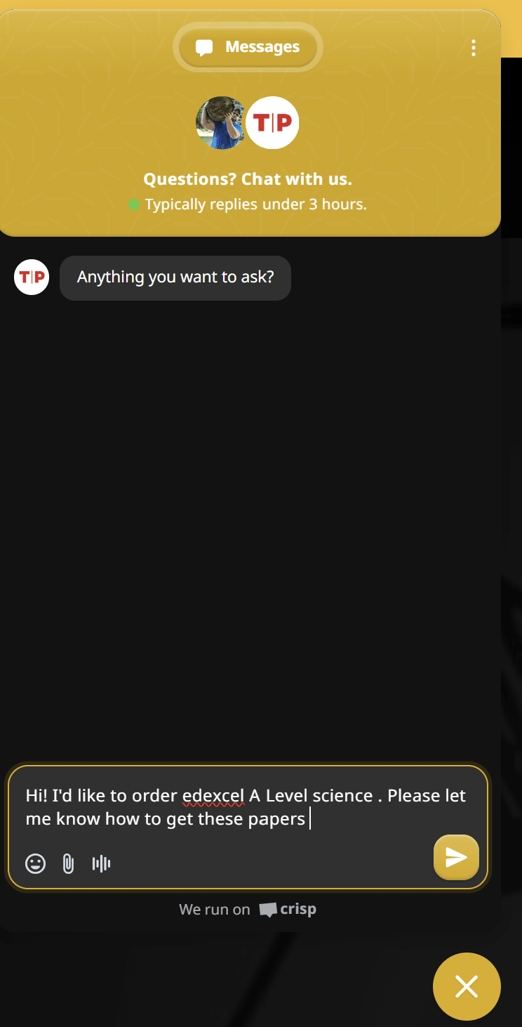 Tyrion Papers website chatbox for requesting a custom paper bundle or direct purchase