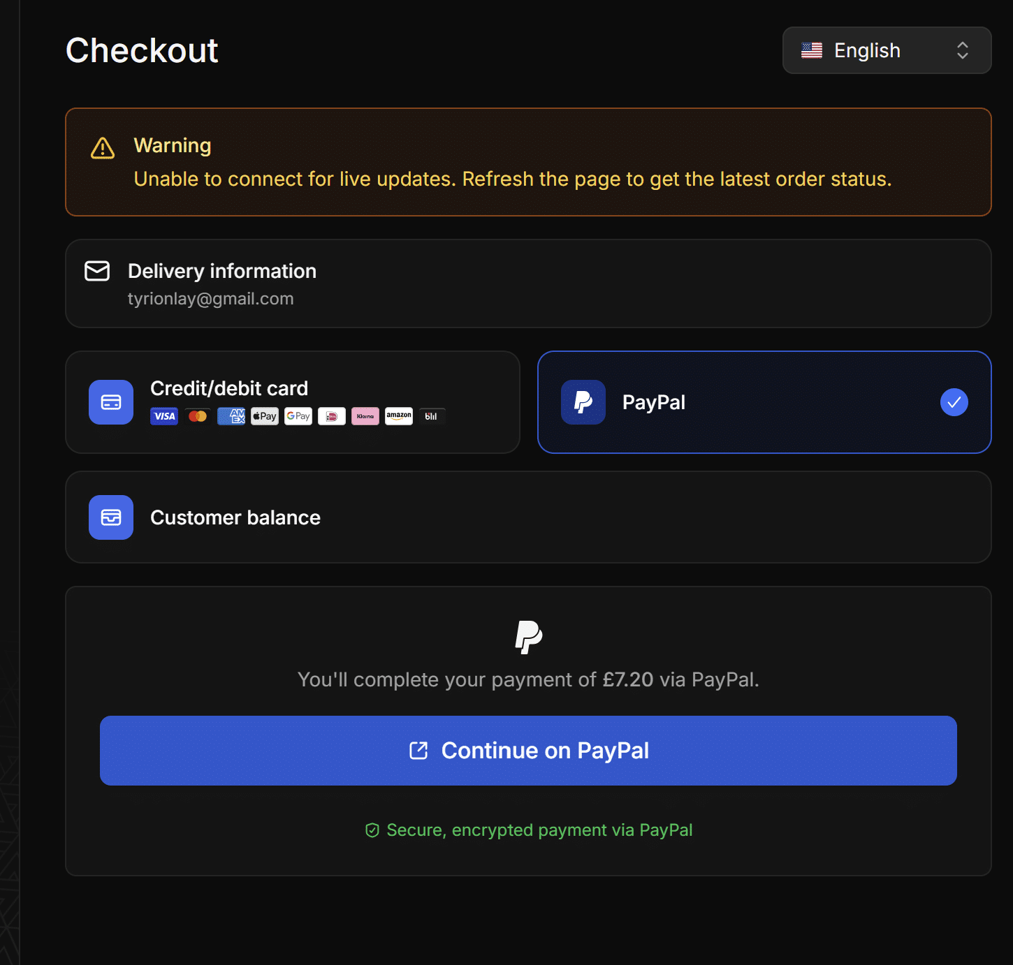 Komerza checkout with PayPal selected and secure Continue on PayPal button