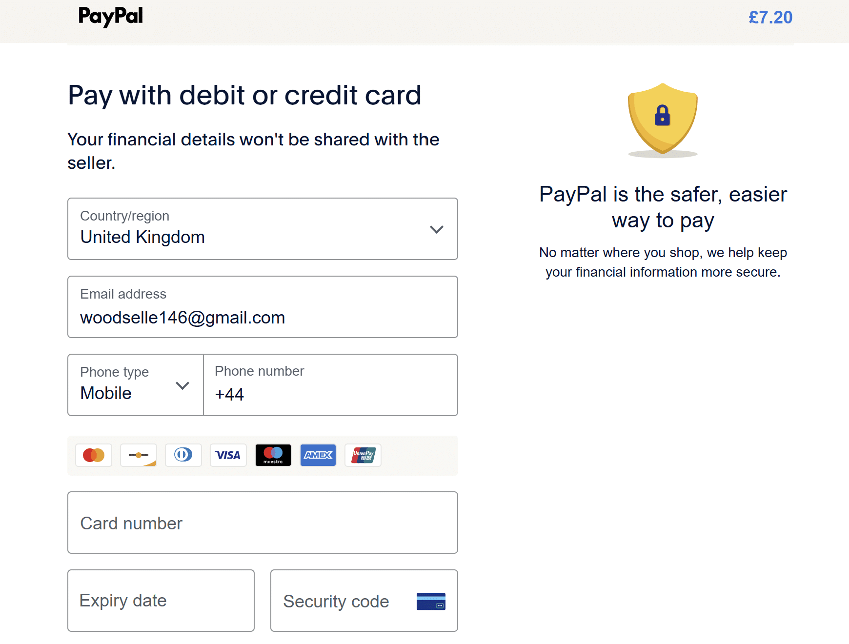 PayPal guest checkout form for paying by debit or credit card without sharing financial details with the seller