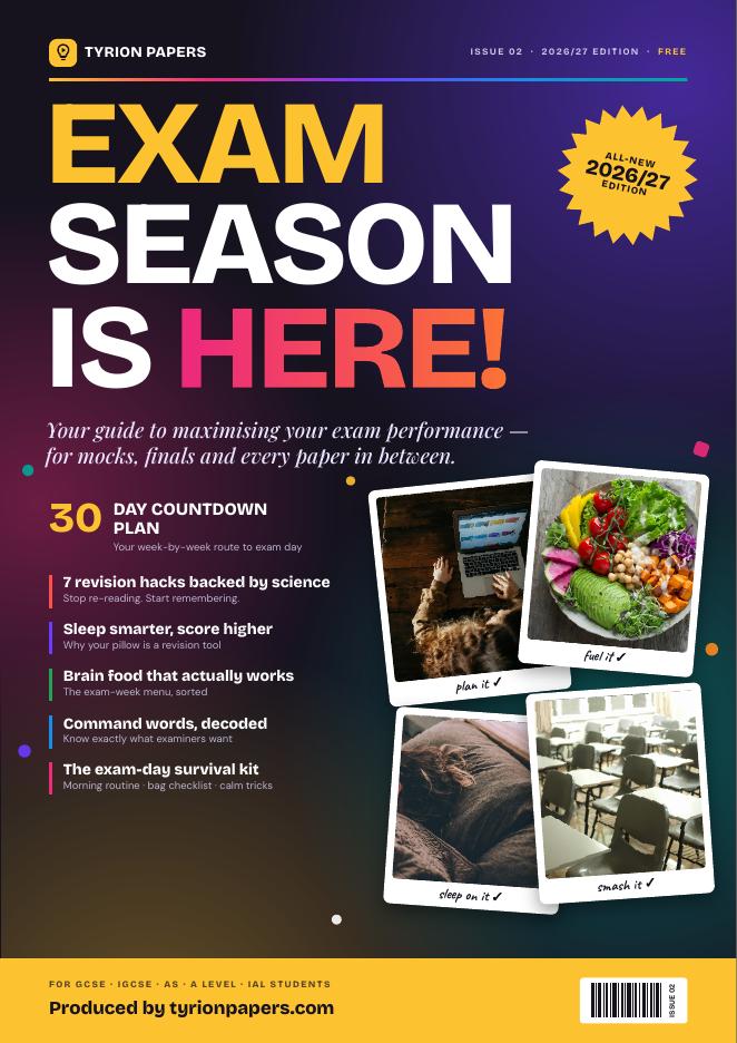 Cover of Exam Season Is Here, the free 2026/27 revision ebook from Tyrion Papers