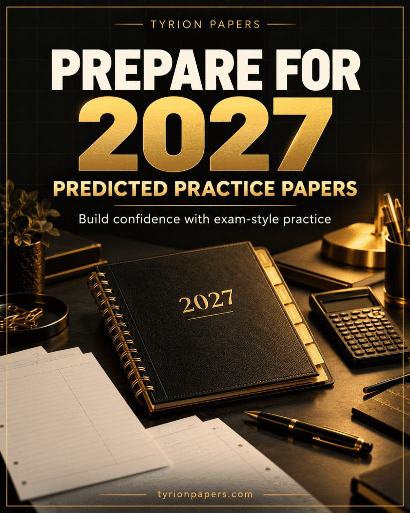 Prepare for 2027 with predicted practice papers from Tyrion Papers, shown beside a study planner and calculator.