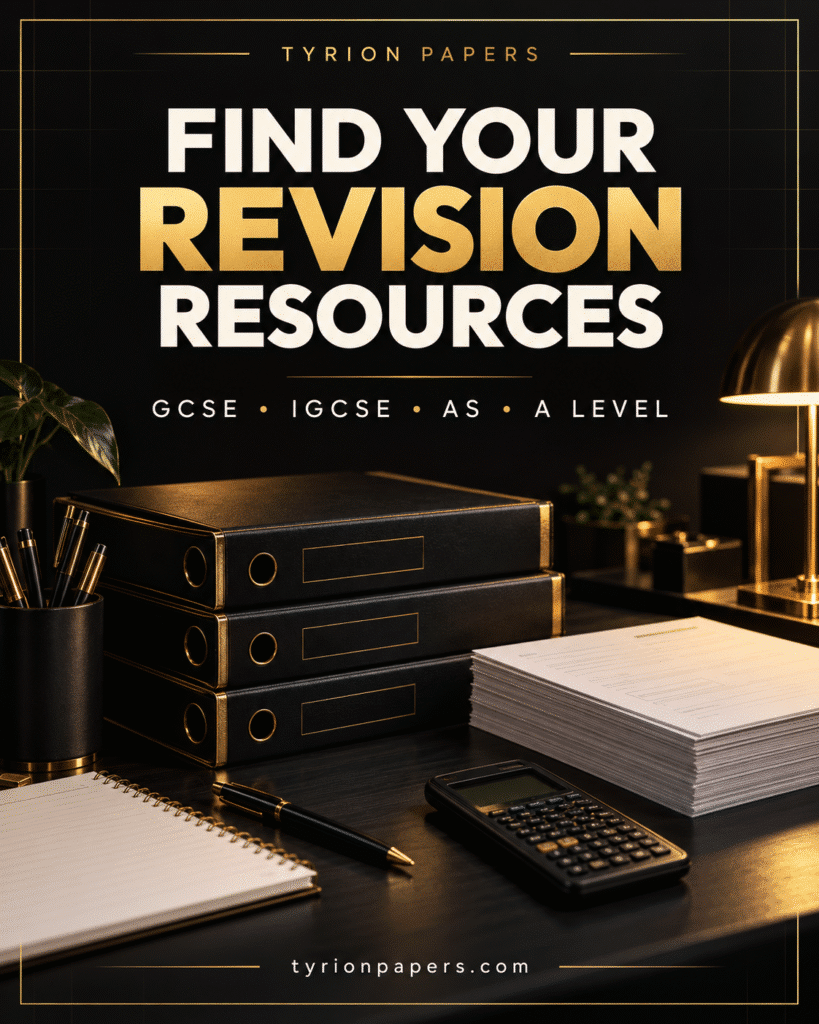 Promotional poster for Tyrion Papers: 'Find Your Revision Resources' with black-gold desk setup, binders and papers, for GCSE to A Level.